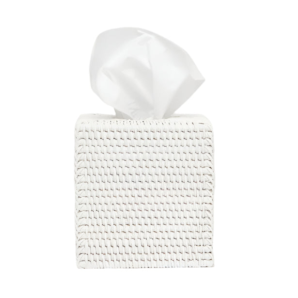 The Dalton Bath Collection by Pigeon & Poodle features a handmade white rattan tissue box cover, highlighting fine craftsmanship with a tissue emerging from the top, set against a plain white background.