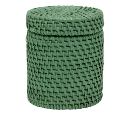 The Dalton Bath Collection by Pigeon & Poodle features a green cylindrical woven container with a matching fitted lid, textured pattern, and handmade rattan craftsmanship.