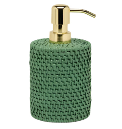 The Dalton Bath Collection by Pigeon & Poodle features a green textured liquid soap dispenser with a gold pump, crafted with detailed artistry and organic dyes for an elegant finish.