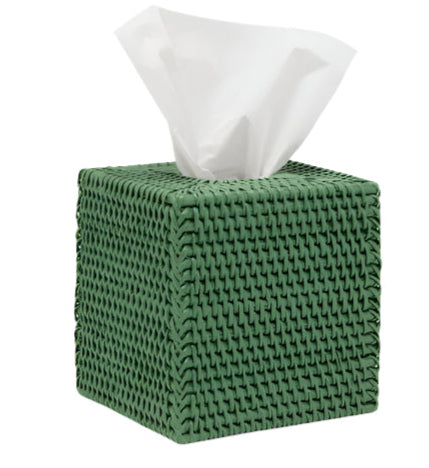 The Dalton Bath Collection by Pigeon & Poodle features a green tissue box holder with a woven pattern, crafted with detailed workmanship and organic dyes. A white tissue elegantly emerges from the top.