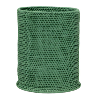 The Dalton Bath Collection by Pigeon & Poodle features a green, cylindrical plant pot with a woven pattern and a slightly flared base, highlighting detailed craftsmanship in its textured design.