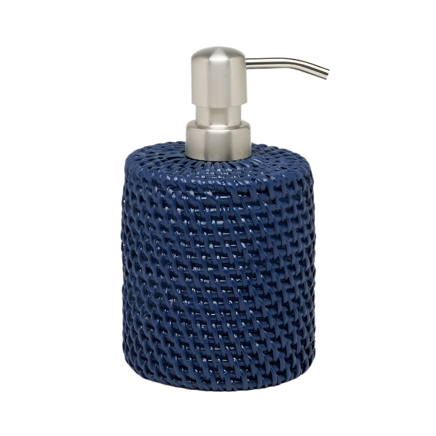 The Dalton Bath Collection by Pigeon & Poodle features a blue woven soap dispenser with a metallic pump and handmade rattan, displayed against a plain white background.