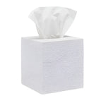 The Dover Bath Collection tissue box by Pigeon & Poodle features engraved resin with a textured white finish, dispensing tissues from the top—an elegant addition to any bathroom.