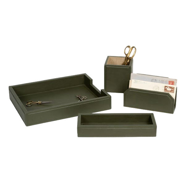 The Asby Desk Accessory Collection by Pigeon & Poodle features four green full-grain leather pieces—a tray, pen holder with scissors, letter holder with envelopes, and a shallow tray—elegantly arranged on a white background.