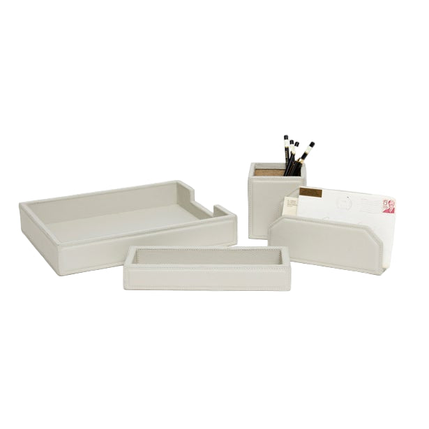 The Asby Desk Accessory Collection by Pigeon & Poodle features four light gray pieces—a paper tray, pencil holder, letter tray, and small accessory tray—shown on a white background.