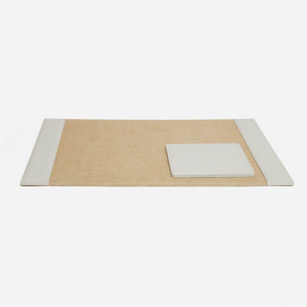 The Asby Desk Accessory Collection by Pigeon & Poodle features a rectangular tan full-grain leather desk pad with white edges and a matching white notepad—a sophisticated accent for any workspace.