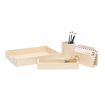 The Orsett Desk Accessory Set by Pigeon & Poodle features beige cream full-grain leather pieces: a tray, pencil holder with pencils, letter holder with envelopes, and scissors tray—adding sophistication to any workspace.