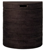 The Belek Polish Espresso Half Moon Hamper by Pigeon & Poodle is a round, dark brown woven rattan basket with a lid and rectangular front handle cut-out, perfect as a stylish hamper.