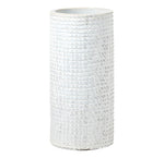 The Arosa Umbrella Stand by Pigeon & Poodle is a tall, cylindrical white stoneware piece featuring a textured grid pattern that evokes nautical charm.