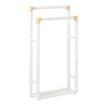 The Bolzano Towel Rack Collection by Pigeon & Poodle features a white freestanding rack with beige corner accents and a rectangular base, bringing coastal charm to your bathroom décor.