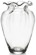 The Simon Pearce Chelsea Optic Cinched Vase features clear glass with a wavy, ruffled rim and rounded body, expertly handmade and displayed upright on a white background.