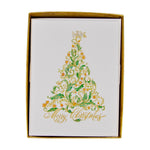 The Caspari Calligraphy Christmas Tree Foil Card Set features a decorative tree and "Merry Christmas" in gold script on quality cardstock, presented in a gold-edged box.