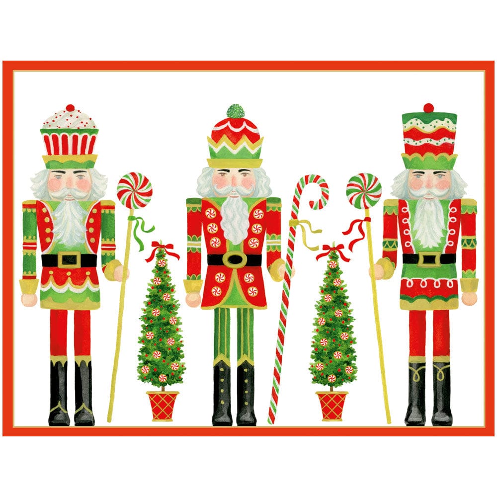 The Row of Nutcrackers Card Set by Caspari features festive nutcrackers beside candy canes and Christmas trees in classic holiday colors with gold accents—ideal for original artwork or greeting cards.