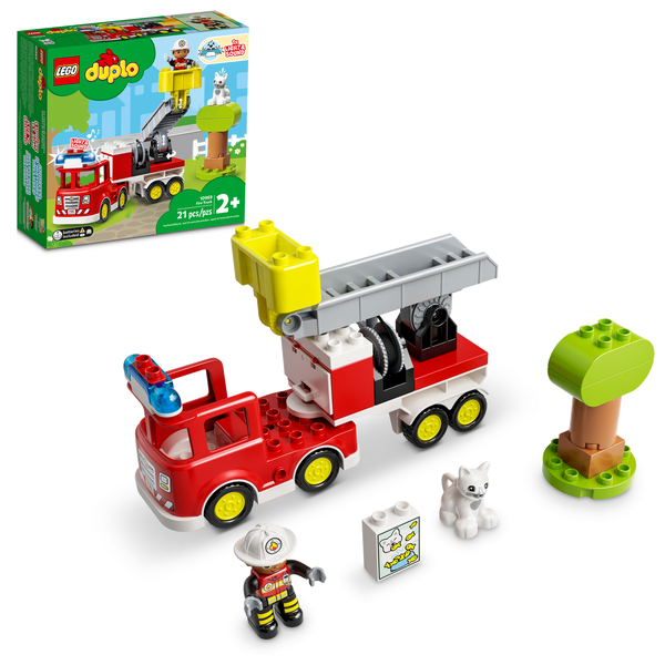Toyhouse Legos - LEGO® DUPLO® Fire Truck set featuring a red fire engine, firefighter toy, cat, and assorted play pieces, displayed next to its packaging.