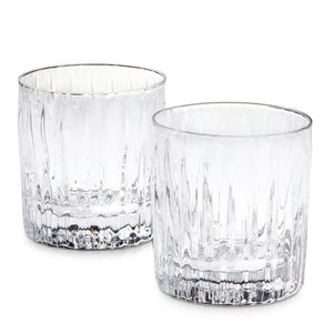 Two clear, textured Double Old-Fashioned glasses from the Montpelier Drinkware Collection by Simon Pearce are displayed side by side on a white background, highlighting premium drinkware for your collection.