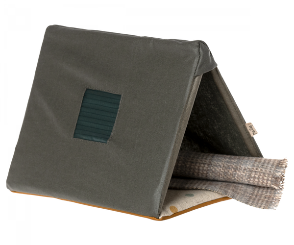 Olive green cotton linen Maileg Single Tent with a small window cutout on the cover displaying a series of vertical lines.