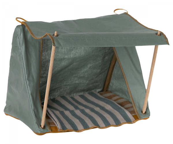 Maileg Happy Camper Tent with striped cushion on a white background.