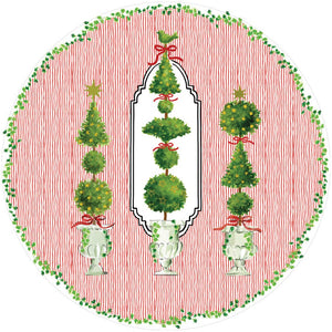 The Eloise Napkin and Placemat Collection by Caspari features a round design with three green topiary arrangements in white urns, red bows, and a green leafy border. These triple-ply napkins are chlorine-free and printed in Germany.