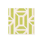 The Caspari Garden Gate Grass Collection napkin is a square, eco-friendly design in light green and white, featuring interlocking rectangles and lines.