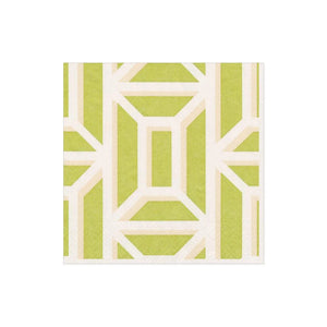 The Caspari Garden Gate Grass Collection napkin is a square, eco-friendly design in light green and white, featuring interlocking rectangles and lines.