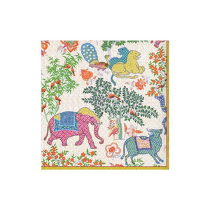 Colorful illustration of stylized animals among trees and flowers on a patterned white background—perfect for Caspari’s Le Jardin De Mysore Collection napkins.