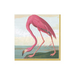 Illustration from the Audubon Birds Collection by Caspari features a pink flamingo near water with others in the background—ideal for eco-friendly napkins that add a natural touch to your gathering.