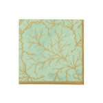 The Gilded Majolica Celadon Collection by Caspari features square paper napkins with a light green background, gold leafy pattern, and gold border—an elegant match for your disposable tableware at any stylish gathering.