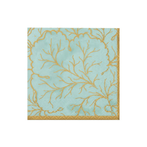 The Gilded Majolica Saltwater Collection napkin by Caspari features a square aqua design with a gold border and coral-inspired pattern, pairing beautifully with decorative plates to enhance your disposable tableware.