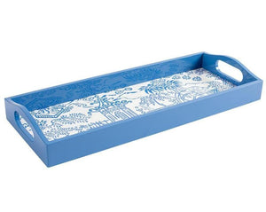 The Blue Pagoda Lacquer Bar Tray by Caspari is a rectangular blue serving tray, handmade in Vietnam, with handles and a white base adorned with blue pagoda and tree designs—perfect for enhancing your table setting.