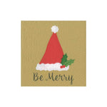 The Caspari Be Merry Collection gold napkin features a red Santa hat, holly leaves with berries, and "Be Merry" at the bottom—an exceptionally designed addition to your holiday gift supplies.