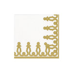 The Caspari Dessin Passementerie Collection features a white compostable paper linen napkin with a gold decorative border and repeating abstract human figures along two edges.