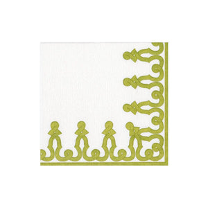 The Caspari Dessin Passementerie Collection napkin is a white, square, compostable option with an ornate green border featuring a repeating looped pattern on two adjacent edges.