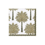 The Grand Palms Black Collection napkin by Caspari is a square, eco-friendly napkin featuring a repeating green palm tree pattern and a decorative green border on a white background.