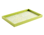 The Caspari Trellis Green Lacquer Vanity Tray is a rectangular serving tray with a raised edge and geometric base pattern, handmade in Vietnam for an elegant and unique touch.