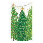Caspari's Christmas Trees with Lights Collection features four decorated trees with gold star toppers, yellow garlands, and ornaments—perfect for festive triple-ply napkins made with nontoxic dyes on a crisp white background.