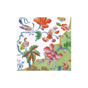 The Caspari Summer Palace Collection square tile showcases a bird, vibrant flowers, green leaves, and a gold-green border—an elegant accent to your eco-friendly or triple-ply napkins and perfect for elevating any tablescape.