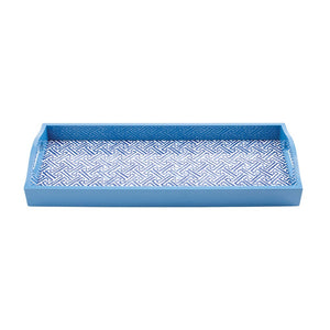 The Caspari Blue Fretwork Lacquer Bar Tray features side handles, raised edges, and a geometric blue and white base. Handmade in Vietnam, this stylish rectangular tray elevates any table setting or occasion.
