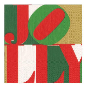 The Caspari Holly Jolly Cocktail Napkin features "JOLLY" in bold red, green, and gold on a textured triple-ply napkin made for durability and printed with nontoxic dyes.
