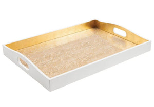 The Caspari Pebble Gold Lacquer Bar Tray is a rectangular serving tray with white sides, a gold lacquer finish interior, a textured base, and cutout handles on each end—handmade in Vietnam.