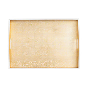 The Caspari Pebble Gold Lacquer Bar Tray is a rectangular, handmade tray from Vietnam featuring a metallic gold textured surface, two side handles, and a sleek lacquer finish, shown from above against a white background.