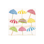 The Beach Umbrella Collection by Caspari features colorful striped umbrellas on a light, wavy background, capturing summer’s cheerful vibe—ideal for eco-friendly, biodegradable triple-ply napkins.