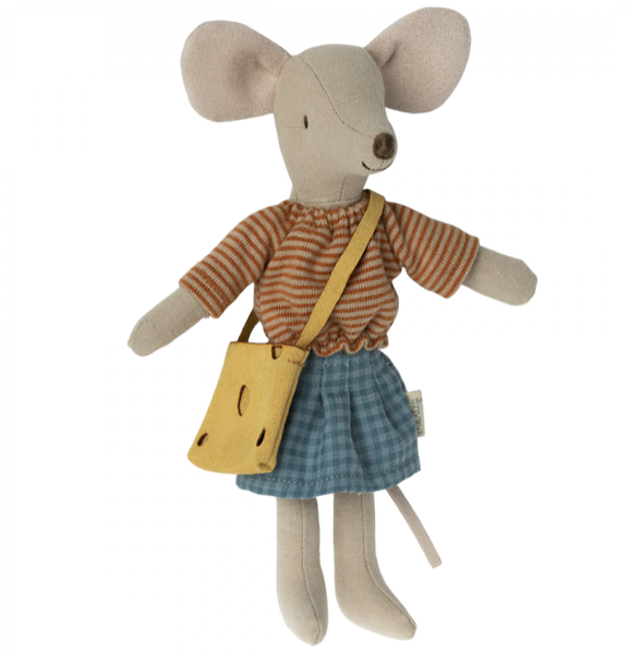 A Maileg Mum Mouse plush toy wearing a striped shirt, blue skirt, and carrying a yellow bag.