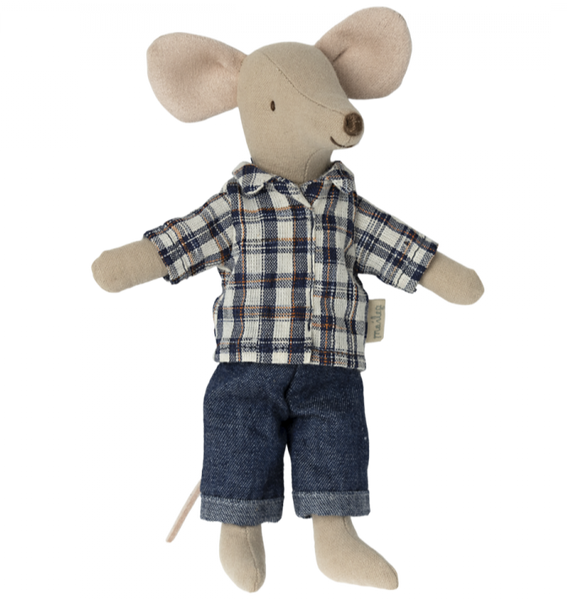 Plush Maileg Dad Mouse dressed in a checkered shirt and denim shorts.