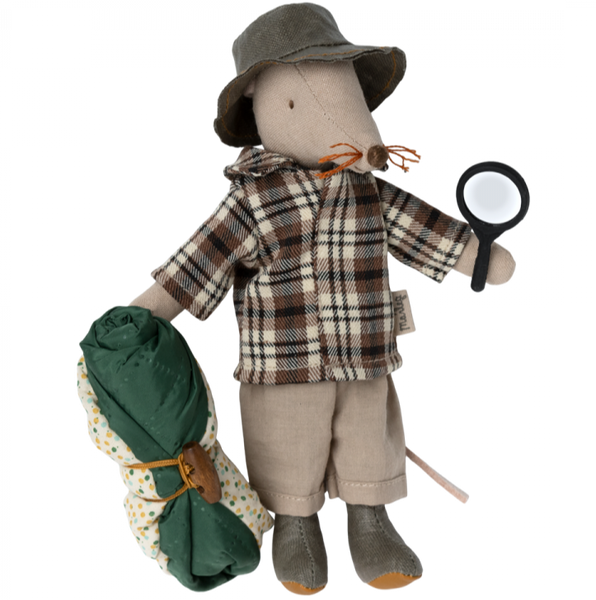 Plush Maileg Wildlife Guide Mouse dressed as a detective with a magnifying glass and a sleeping bag, ready for a nature exploration.
