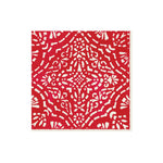 Red and white square tile featuring an intricate, symmetrical geometric and floral pattern from Caspari's Annika Red Collection.