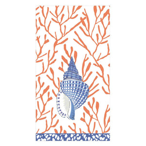 The Shell Toile Collection by Caspari features a blue and white seashell on an orange coral pattern with a blue border—ideal for stylish table settings, entertaining, or gifting with these unique paper products.