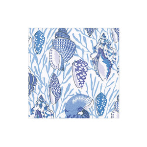 The Shell Toile-Blue Collection by Caspari features elegant triple-ply napkins with blue and white seashells and coral branches, perfect for stylish, eco-friendly gatherings.
