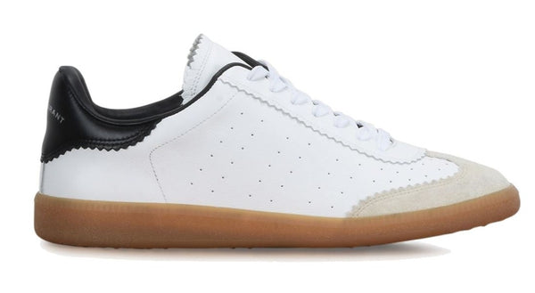 White and black low-top Isabel Marant Bryce Leather Sneaker with gum sole.