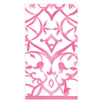 The Algarve Fuchsia Paper Linen Collection by Caspari features triple-ply napkins with a white surface and ornate pink watercolor pattern, combining elegant design with durability for your table setting.