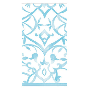 The Algarve Aqua Collection by Caspari features a rectangular design with a symmetrical, light blue ornamental pattern on a white background—ideal for elegant occasions with linen-like napkins.